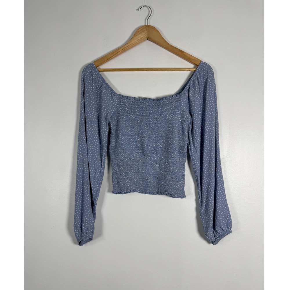Cottagecore American Eagle Womens S Smocked Top Blue Polka Dot Balloon Sleeve